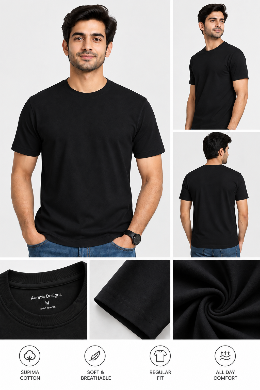 Auretic Supima Cotton Crew Neck Black T shirt
