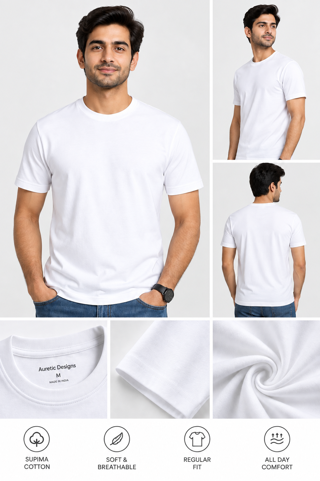 Auretic Supima Cotton Crew Neck White T shirt
