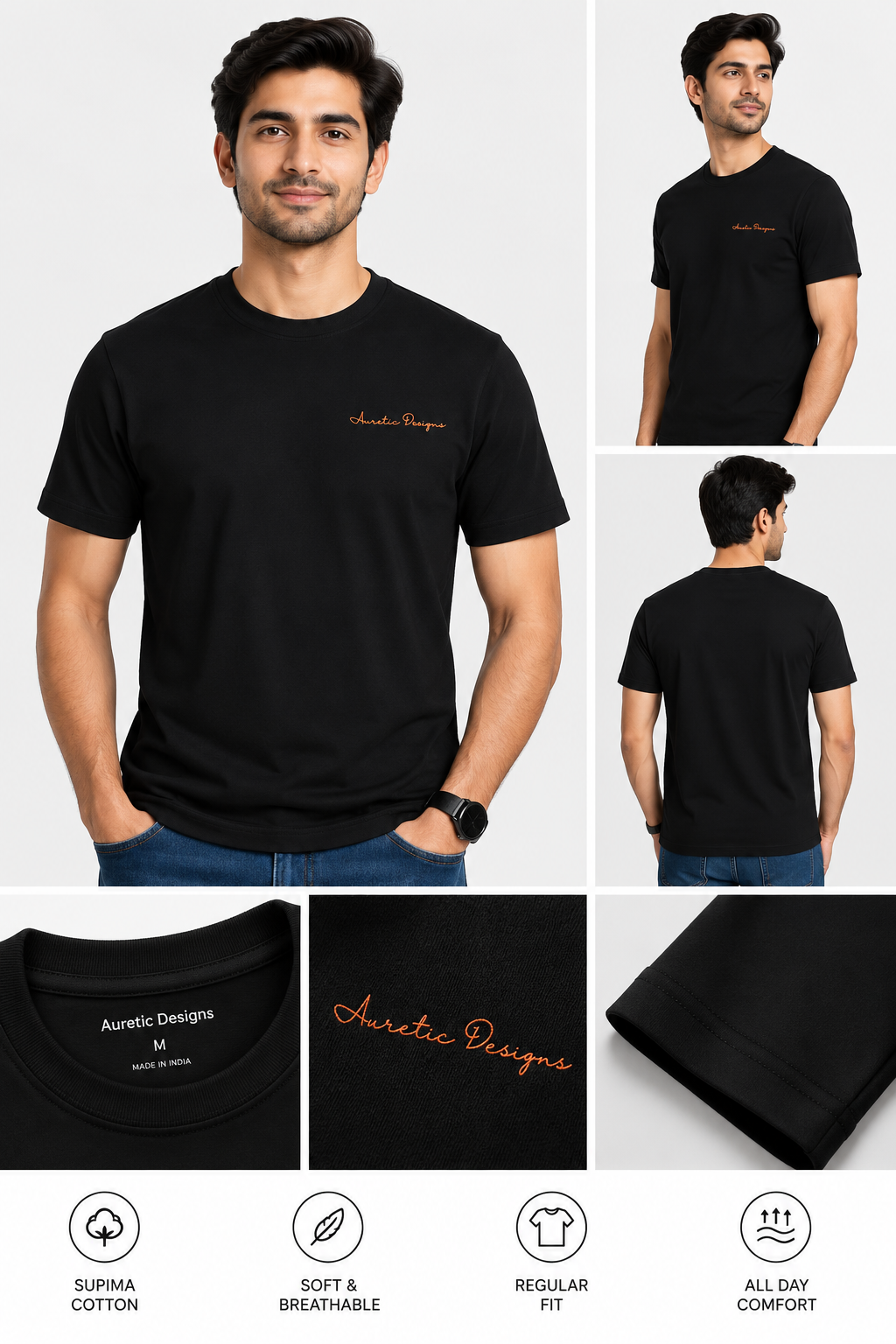Auretic Designs Supima Cotton Crew Neck Black T shirt